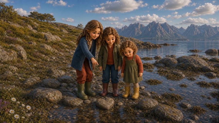 De tre søstrene undersøker en hjerteformet stein i den lune fjæra på Maram.