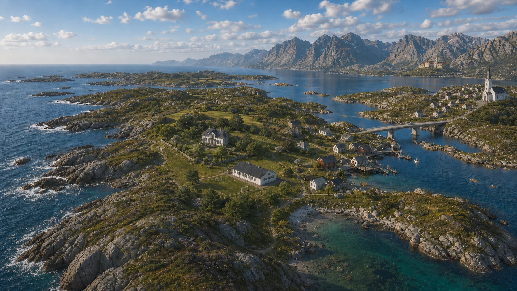 Øya Maram med huset, fjorden, brua og Klosteret ved fjellene.