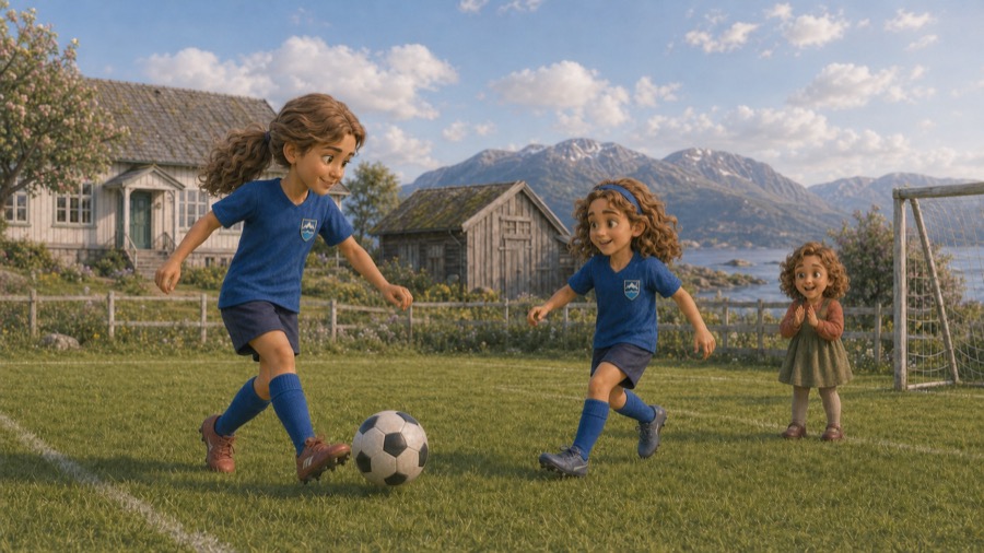 Rita og Sunniva spiller fotball i blå Maram FK-drakter mens Teresa heier fra sidelinjen.